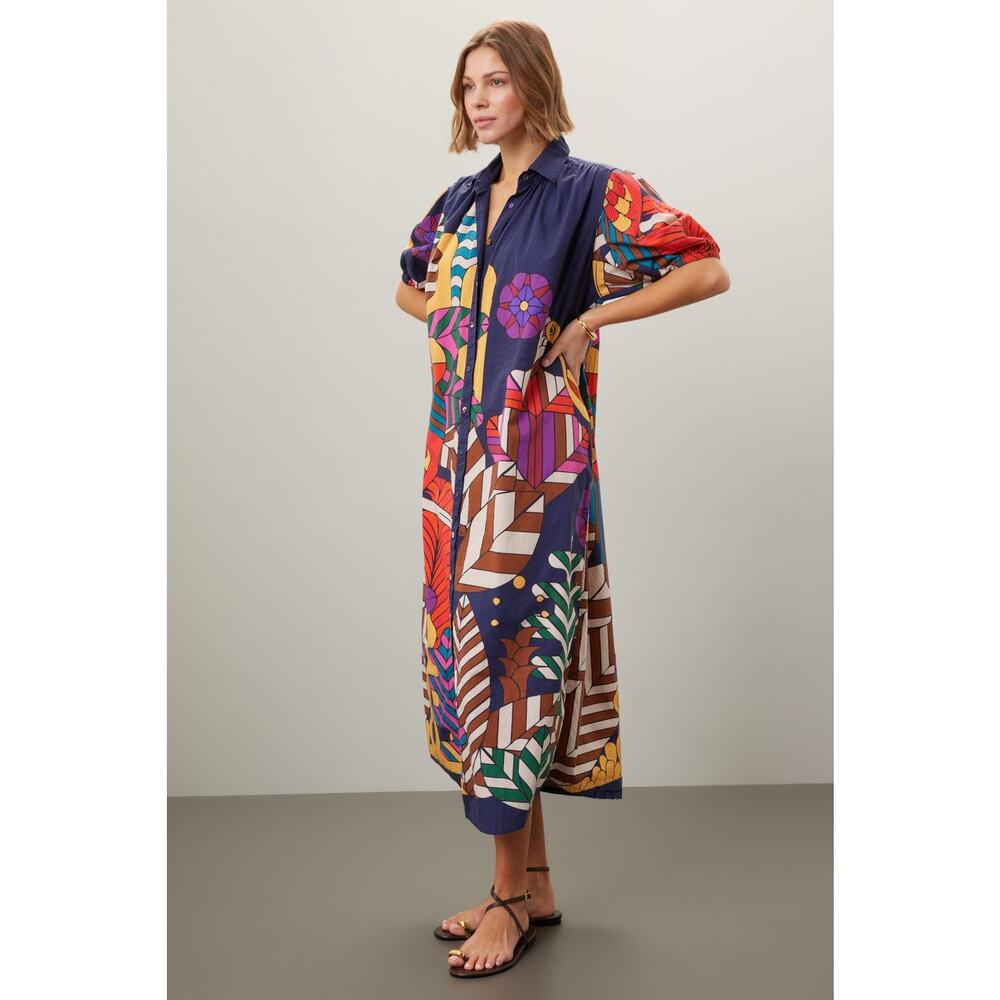CAROLINA K Geometric Cotton Button Front Valerie Pleated Kaftan Gown Dress M